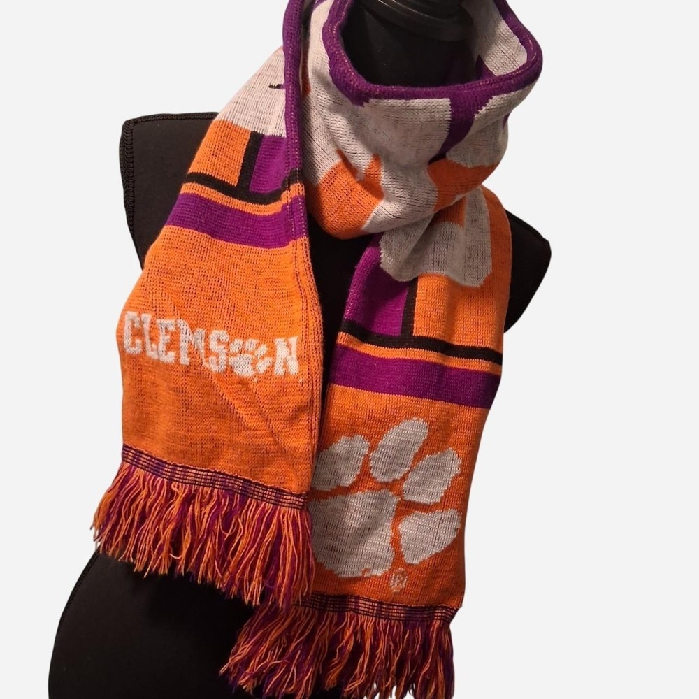 Clemson University orange, purple, and white scarf white paw the word 'CLEMSON'